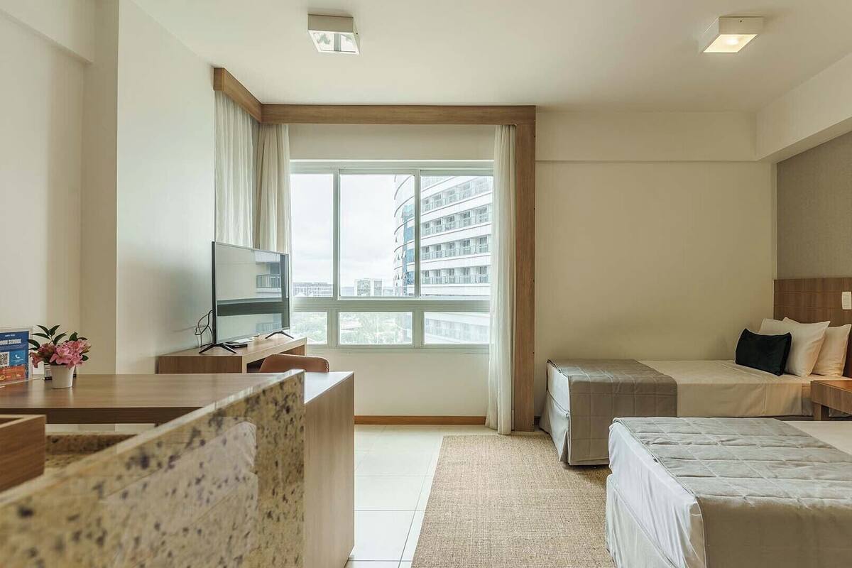 Quarto de hotel com cama, escrivaninha com televisão, pequena mesa com planta e janela com vista para prédios.