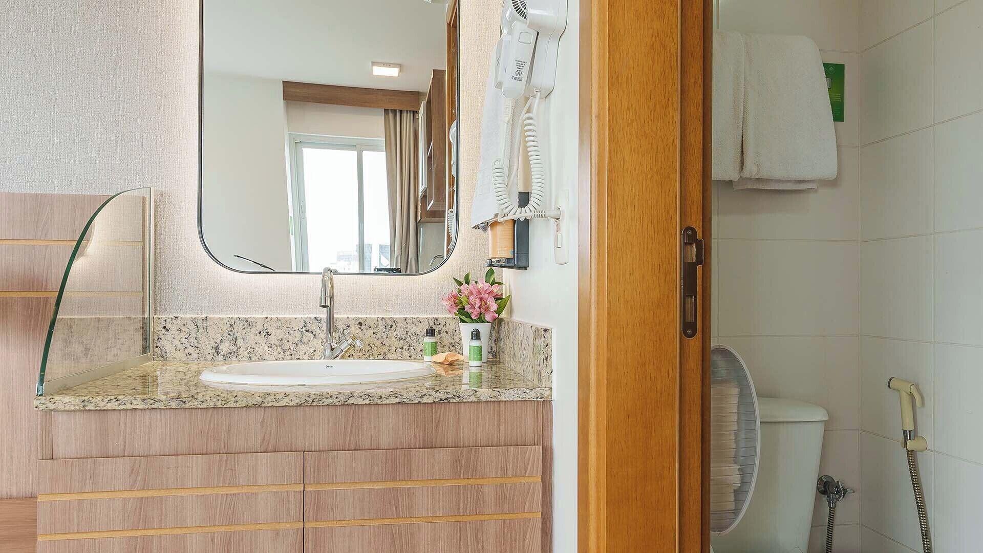 superior double room | bathroom | shower, free toiletries, hair dryer, towels