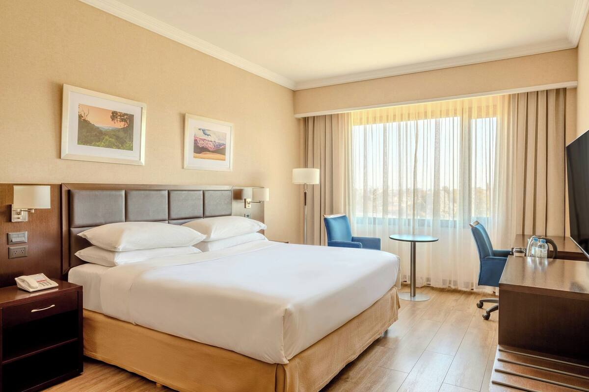 A hotel room with a large bed, two bedside tables, a desk, a chair, and a TV.