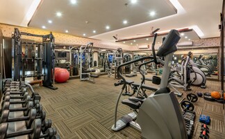 Ginásio bem equipado com diversos aparelhos de exercício, pesos livres e espelho.
