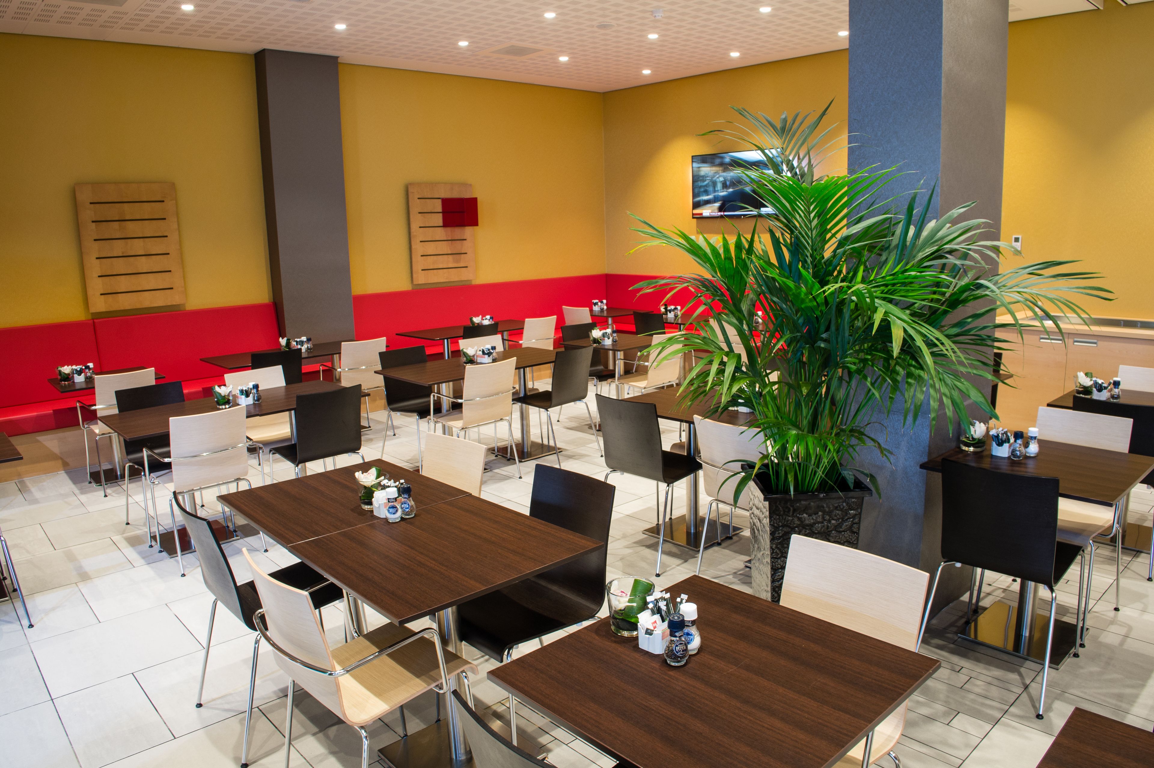 A modern dining area with multiple tables and chairs, a large potted plant, and a red accent wall.