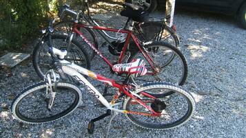 Una bicicletta dal telaio rosso e dettagli bianchi e neri, parcheggiata su ghiaia.