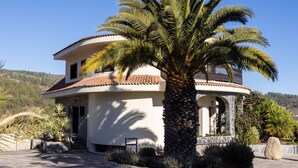 A two-story house with a curved roof, a stone facade, and a palm tree in the front yard. - Hotel Alta Montaña (Vilaflor)