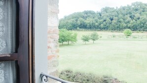 Blick aus einem Fenster mit Holzrahmen und weißer Wand auf ein grünes Feld mit Bäumen und einem Wald im Hintergrund.