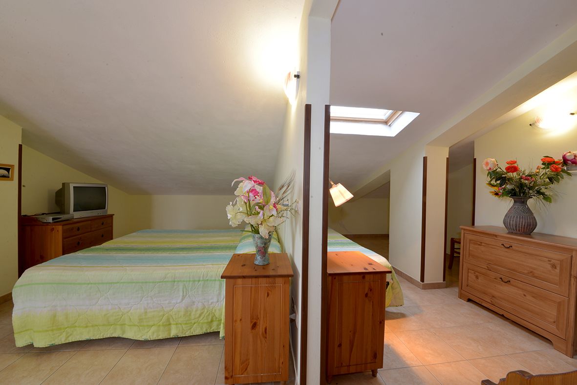Un dormitorio con una cama, mesitas de noche de madera, un televisor, un florero con flores y un aparador.