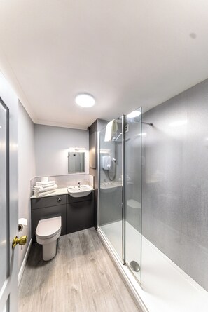 Une salle de bain moderne avec une douche à parois de verre, un lavabo et des toilettes.