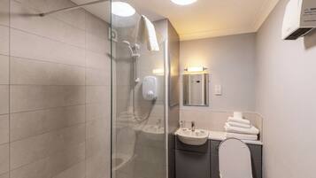 A modern bathroom with a glass shower enclosure, a sink, a toilet, and a mirror.