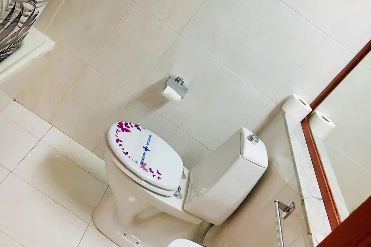 Un baño con inodoro, baranda y espejo.