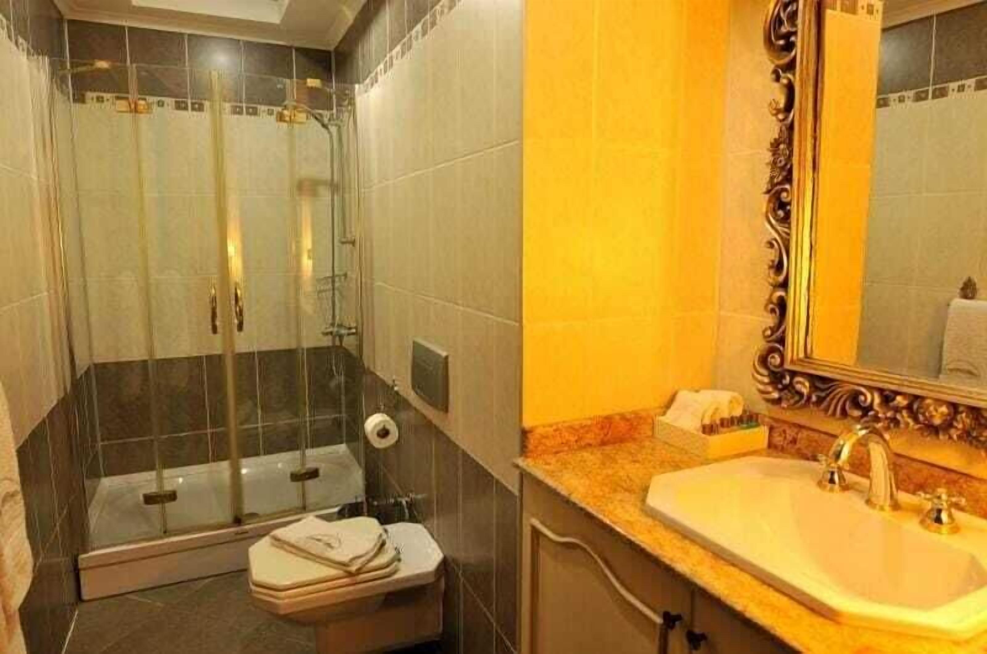 Une salle de bain avec une douche à parois de verre, un lavabo agrémenté d’un miroir décoratif et des toilettes.