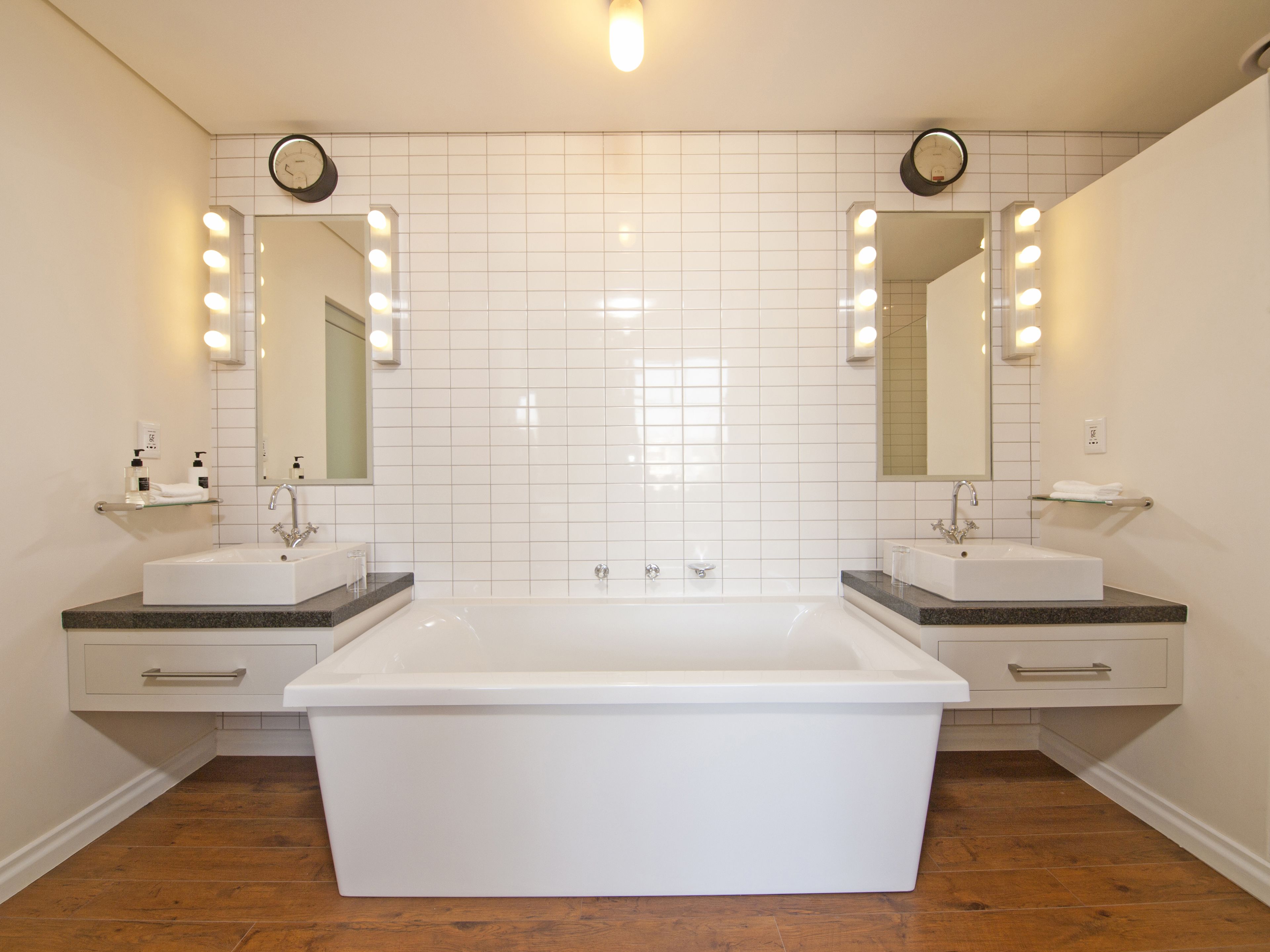 separate bathtub and shower, free toiletries, hair dryer, bathrobes