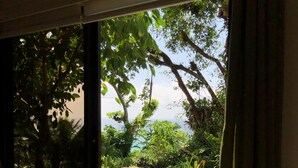 A window with a view of a stone pathway surrounded by lush greenery. - Argonauta Boracay Boutique Hotel with Apartments and Villas (Boracay Island)