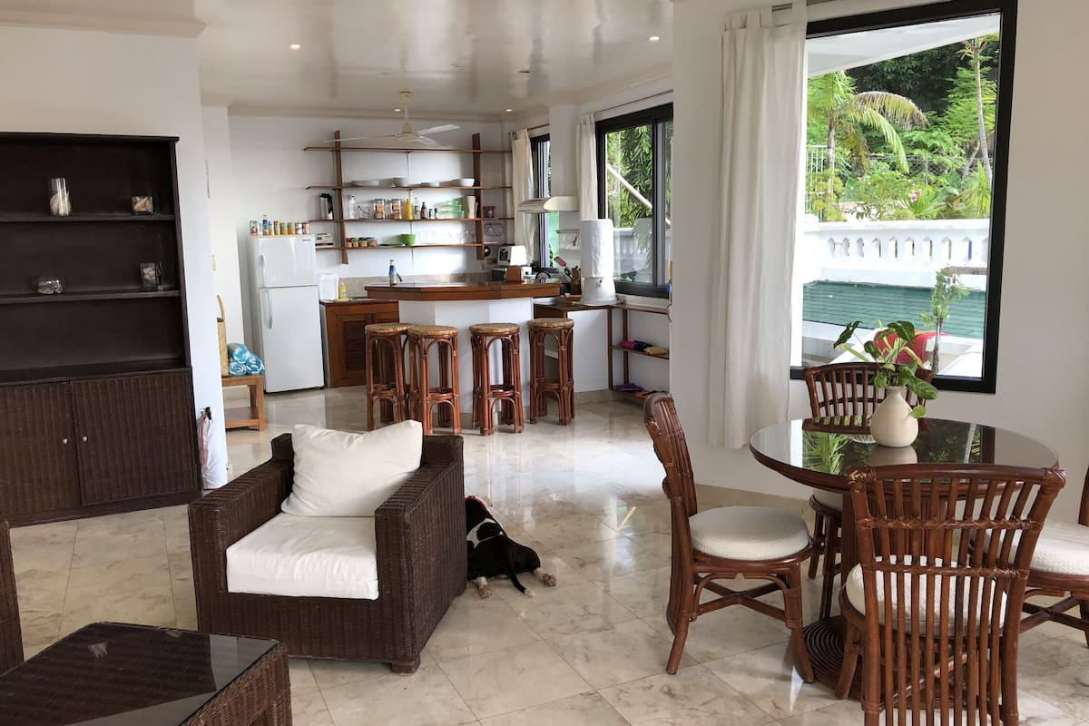 panoramic apartment, 2 bedrooms, ocean view | living area | books