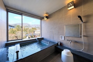 A modern bathroom with a large window, a bathtub, a shower, and a toilet.