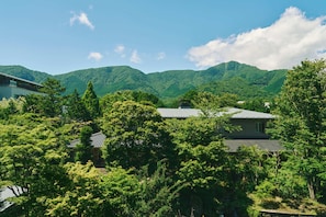 A traditional Japanese house surrounded by lush greenery and mountains.