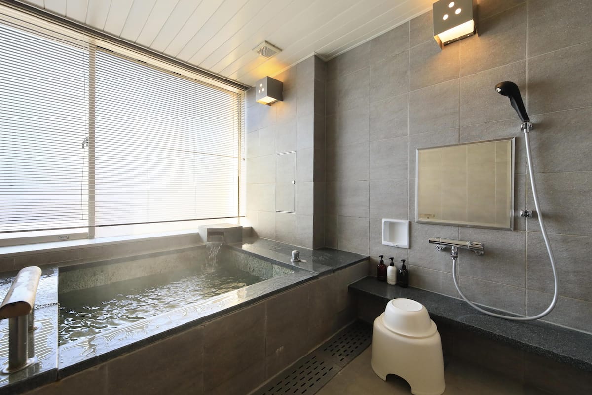 separate bathtub and shower, hair dryer, bathrobes, slippers