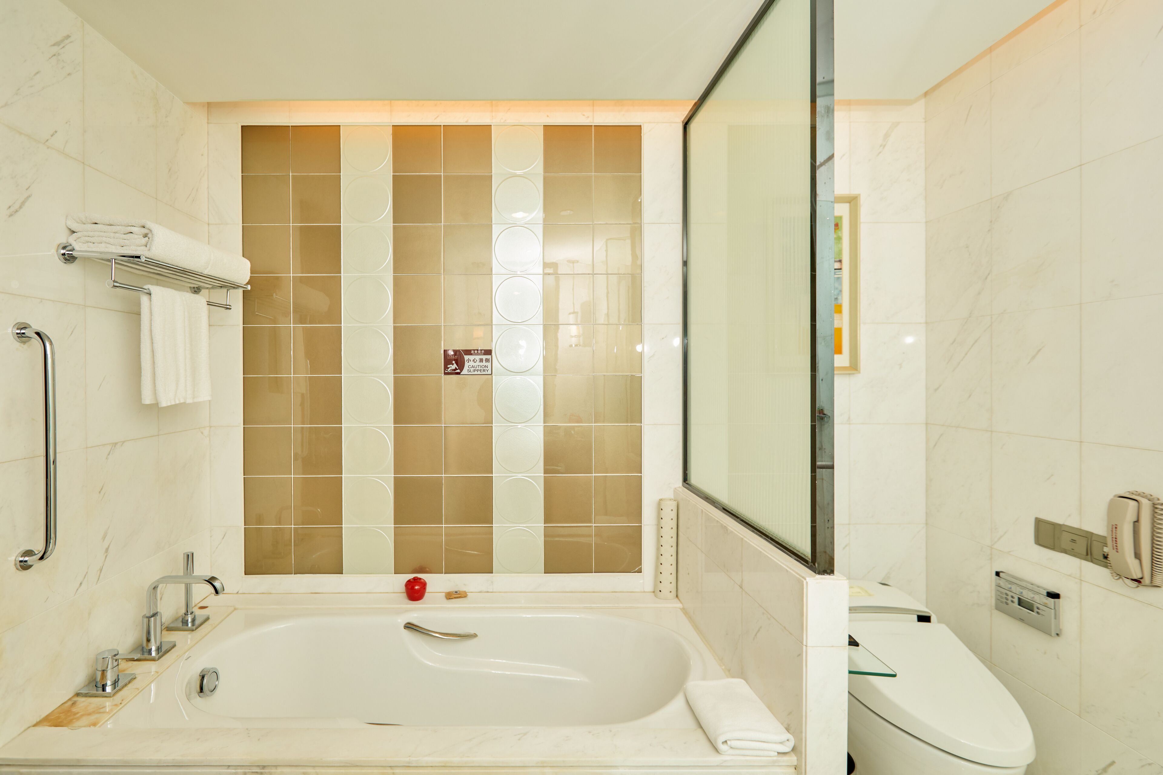 A modern bathroom with a bathtub, toilet, and handrails.