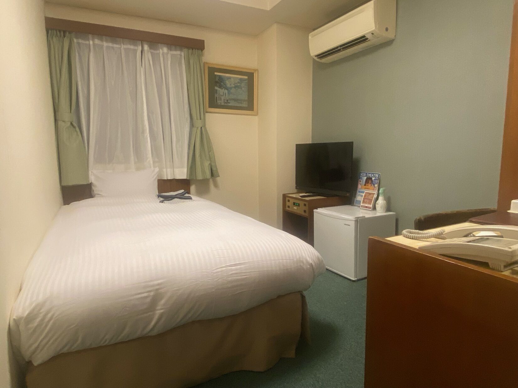 A hotel room with a bed, a television, a small refrigerator, a desk with a telephone, and an air conditioning unit.
