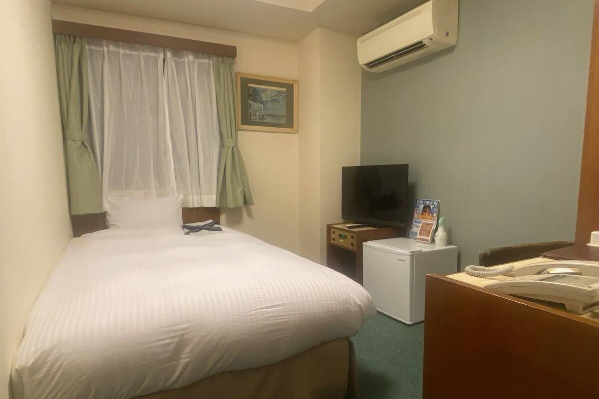 A hotel room with a bed, a television, a small refrigerator, a desk with a telephone, and an air conditioning unit.