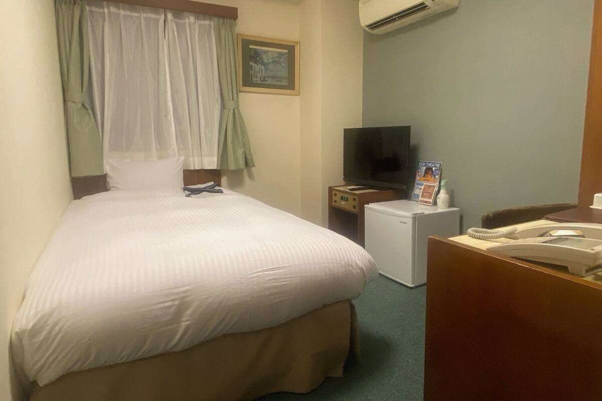 A hotel room with a bed, a television, a small refrigerator, a desk with a telephone, and an air conditioning unit.