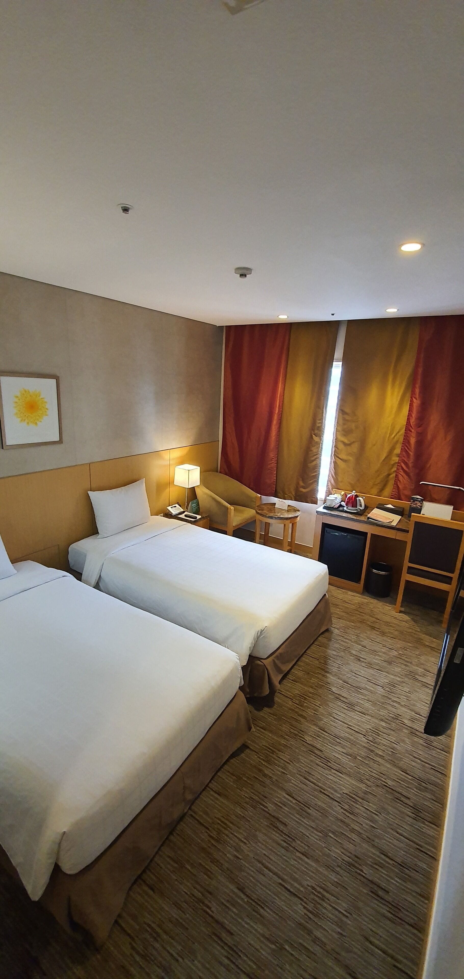 standard twin room | in-room safe, desk, laptop workspace, blackout curtains