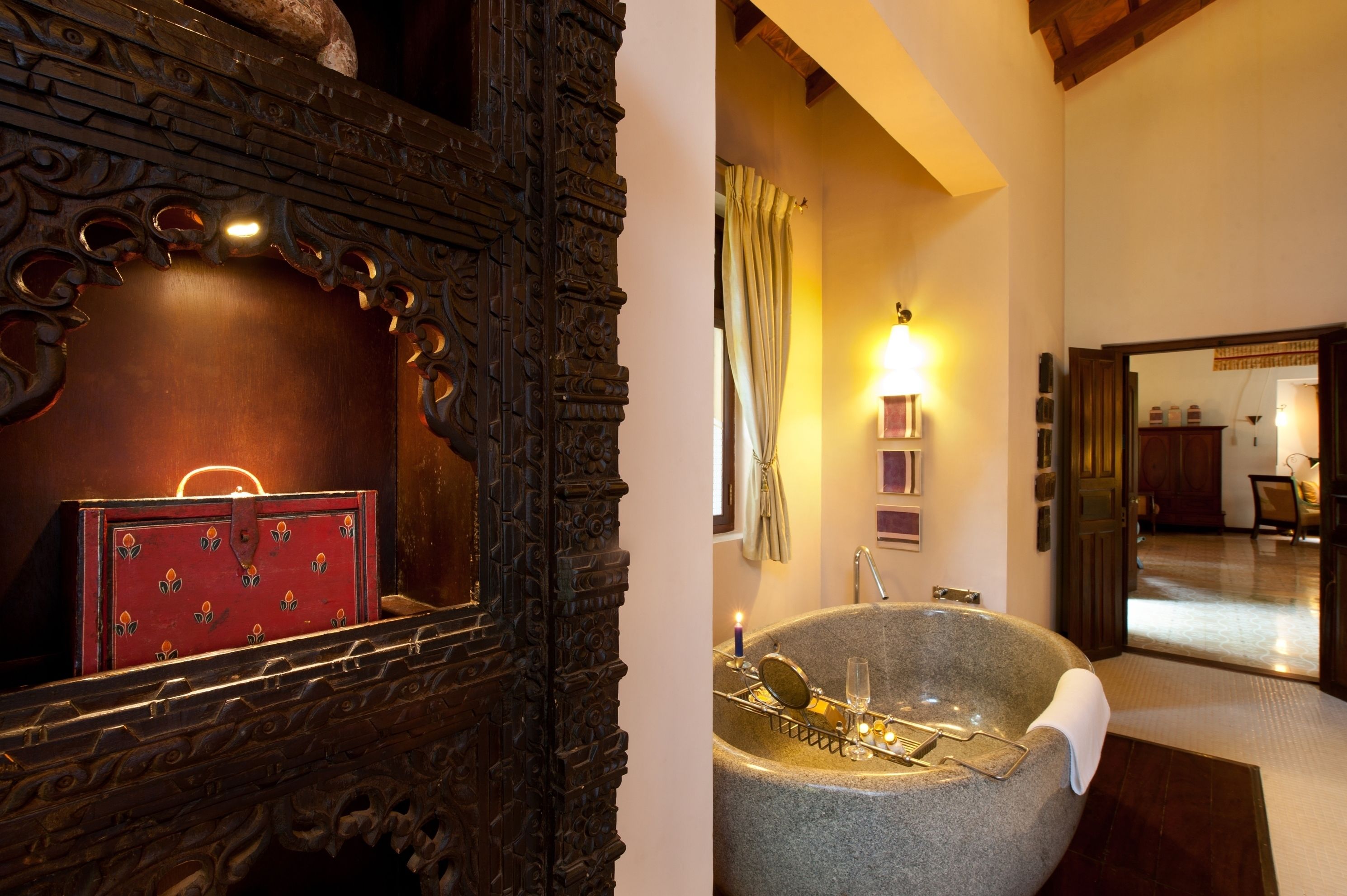 separate bathtub and shower, deep-soaking bathtub, designer toiletries