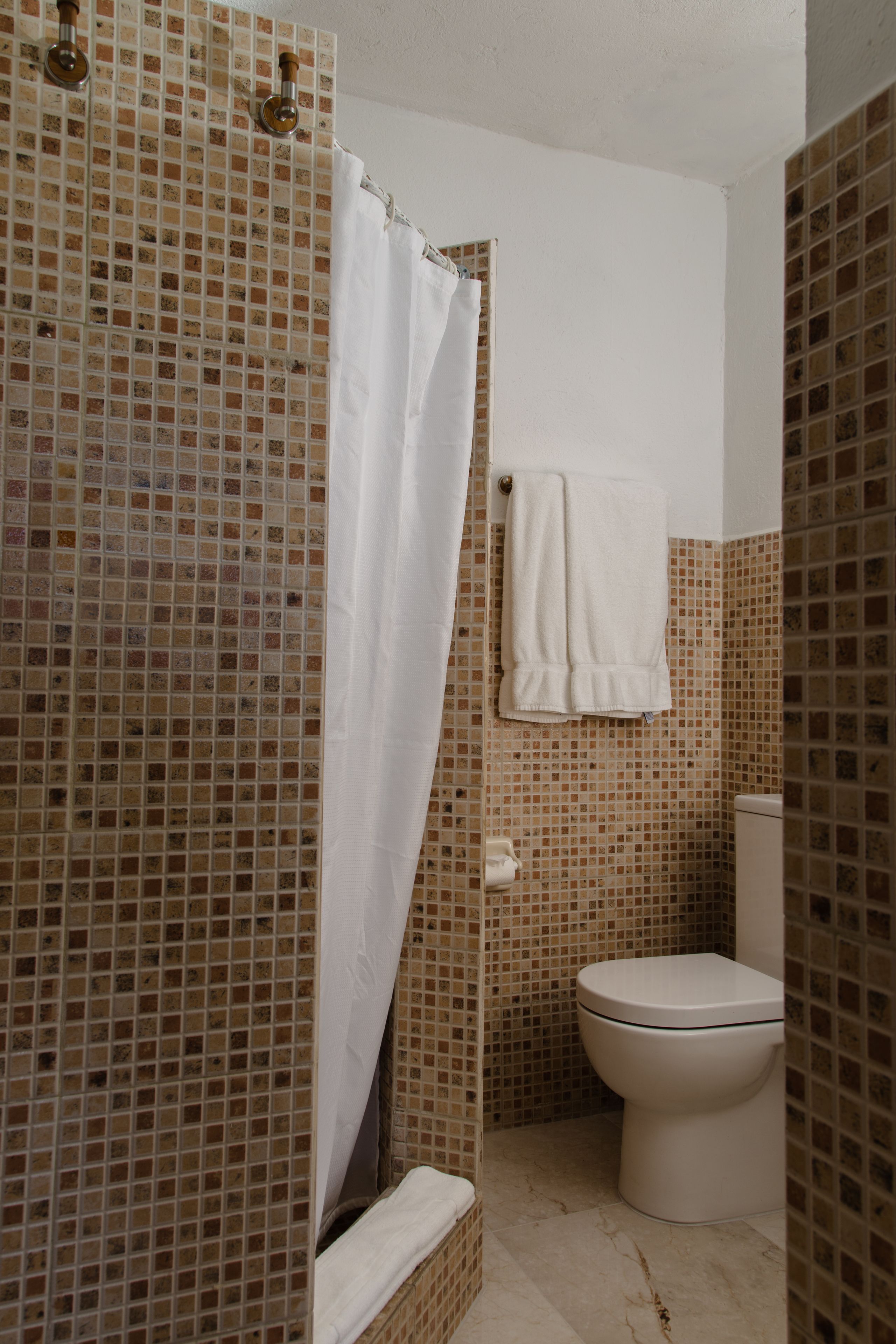 A bathroom with mosaic tile walls, a white toilet, and a shower curtain.