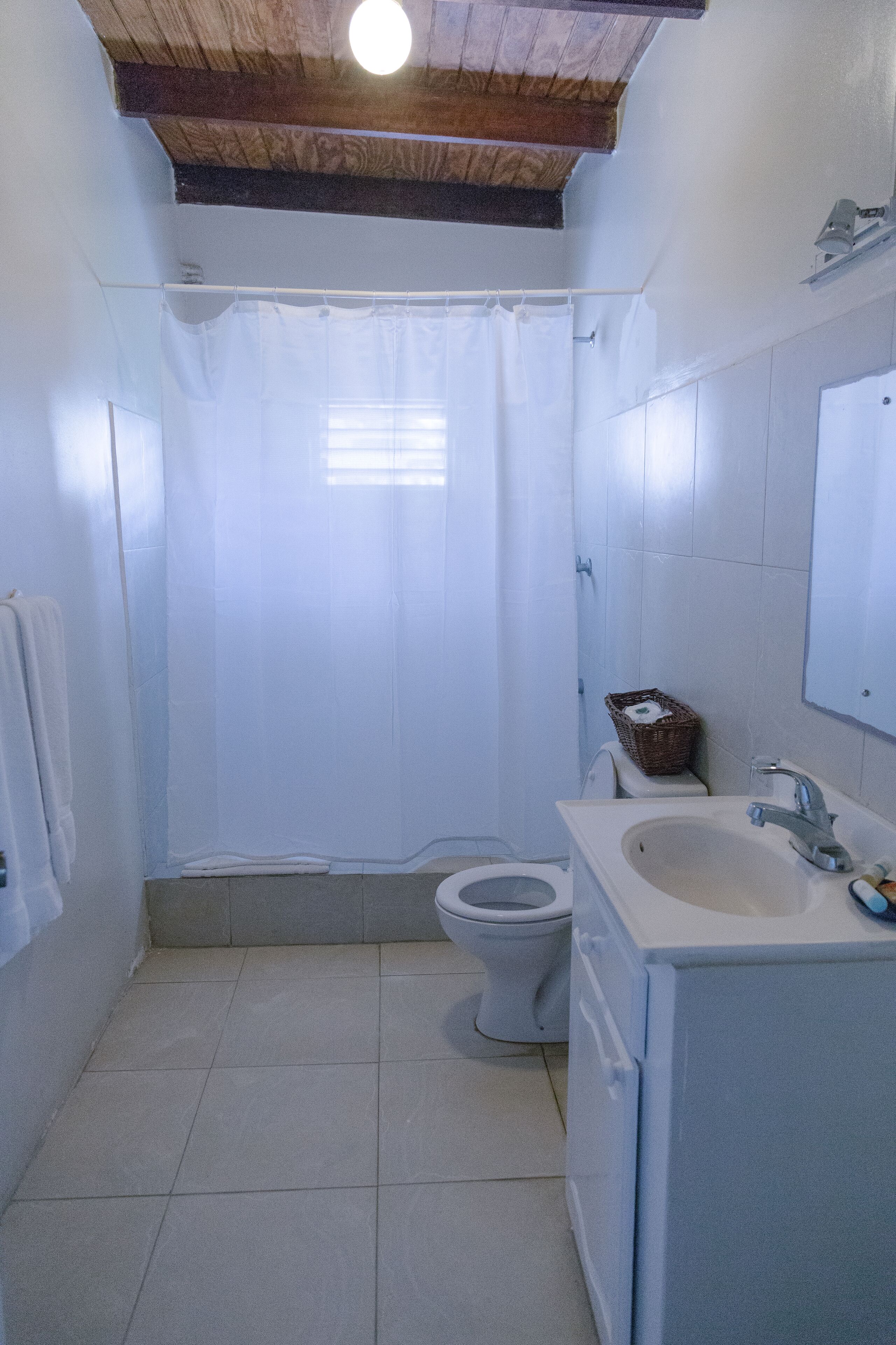 A small bathroom with a toilet, sink, and shower curtain.