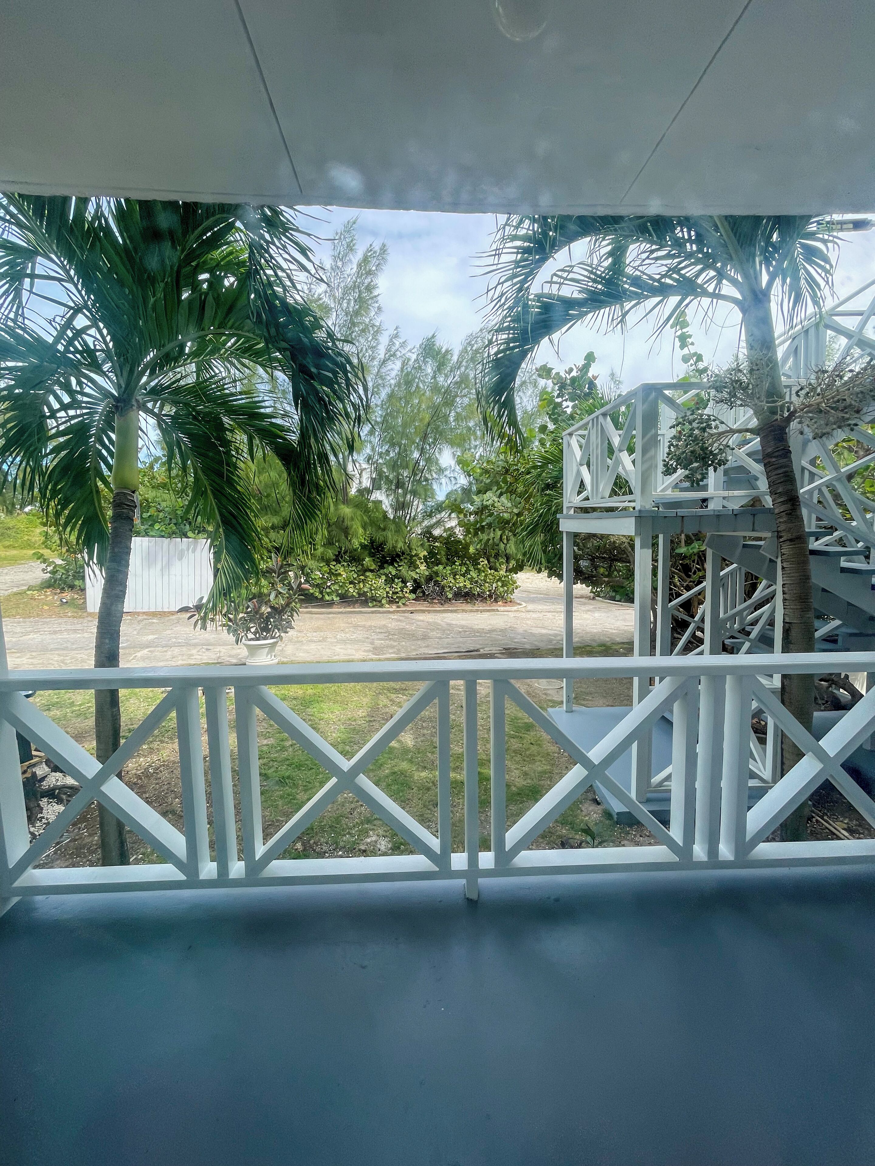 A view from a balcony with a white railing, overlooking a garden with palm trees and a white structure.