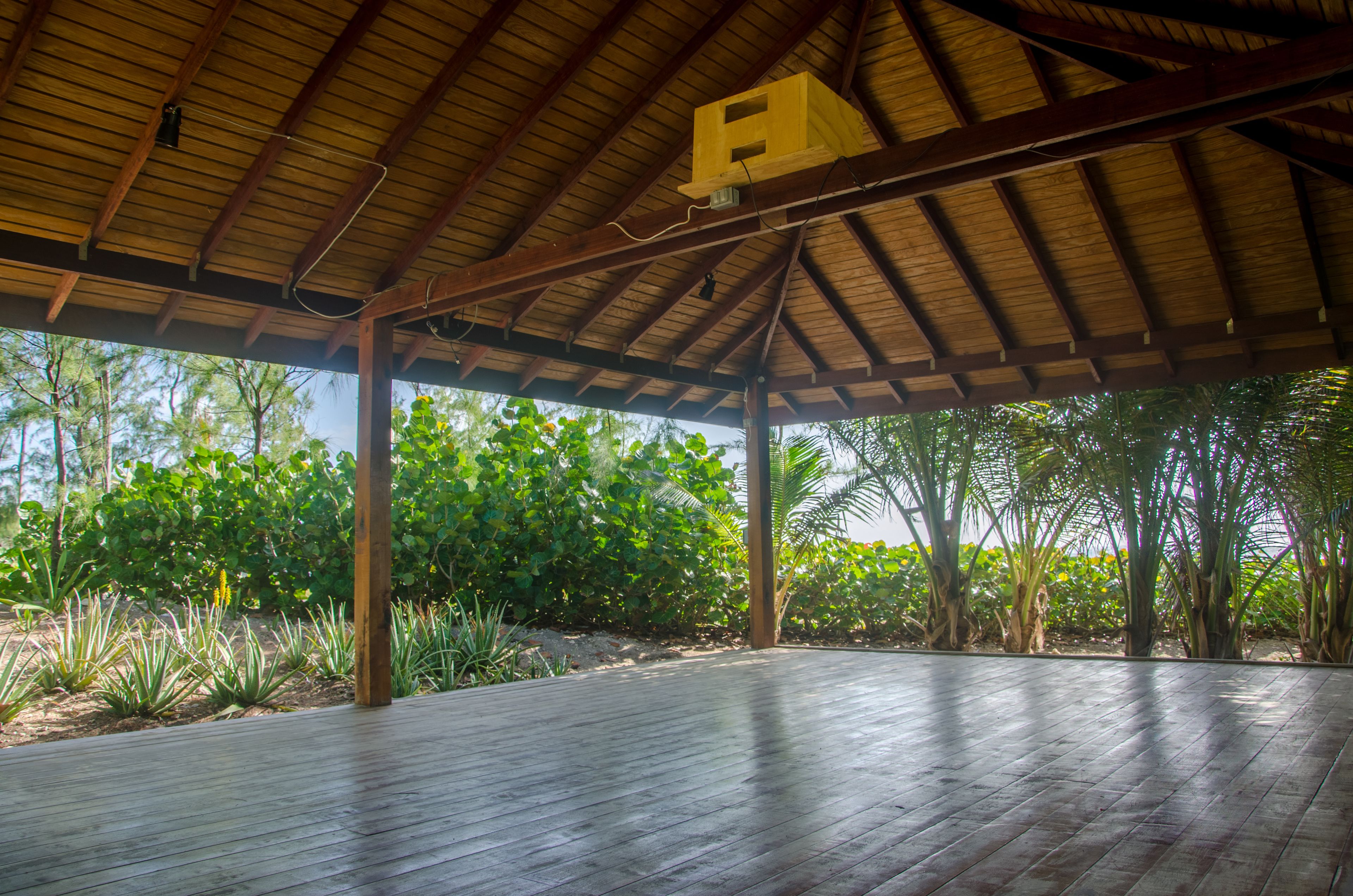An open wooden deck area with a thatched roof, surrounded by lush greenery and palm trees.