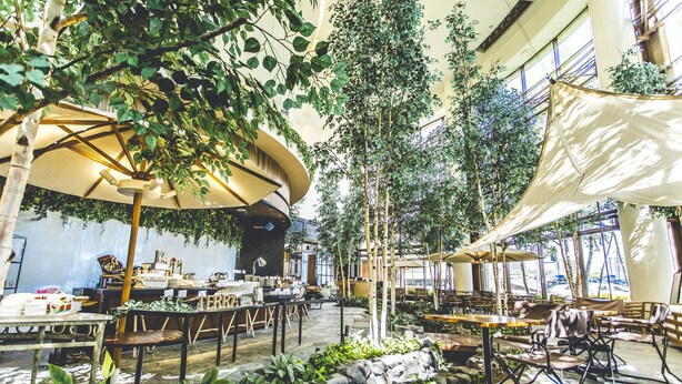 An indoor dining area with tables and chairs, surrounded by greenery and large umbrellas. - HOTEL MYSTAYS PREMIER Sapporo Park (Sapporo)