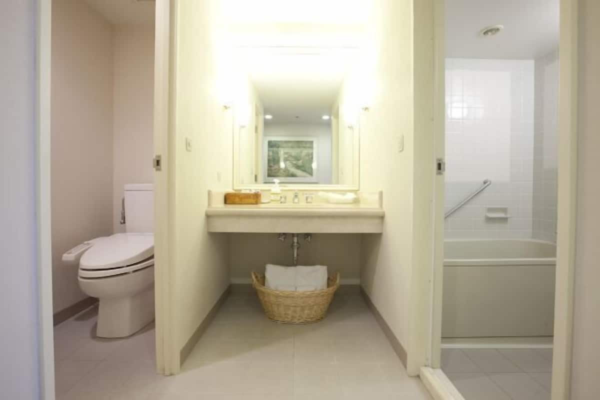 Combined shower/bathtub, deep-soaking bathtub, free toiletries
