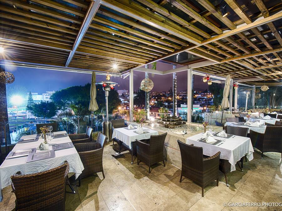 Breakfast, lunch, dinner served; international cuisine, pool views