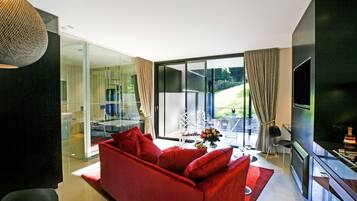 42-inch flat-screen TV with satellite channels, TV, fireplace