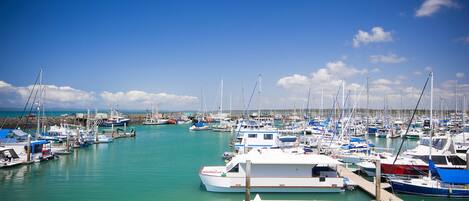 A marina with numerous boats docked at wooden piers.