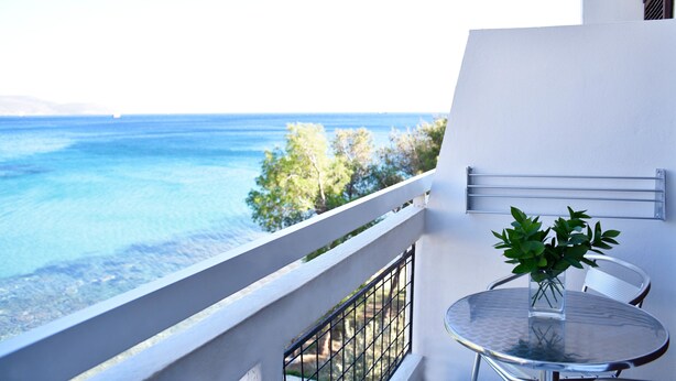 Un balcón con vista despejada al mar, una mesa de vidrio con un florero de plantas verdes y una baranda blanca.