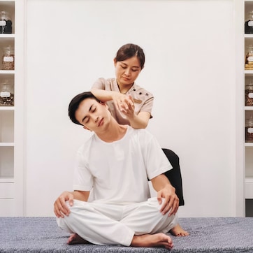 A person seated on a bed in a room with shelves containing jars and containers.