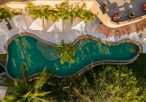 Outdoor pool, pool umbrellas, sun loungers