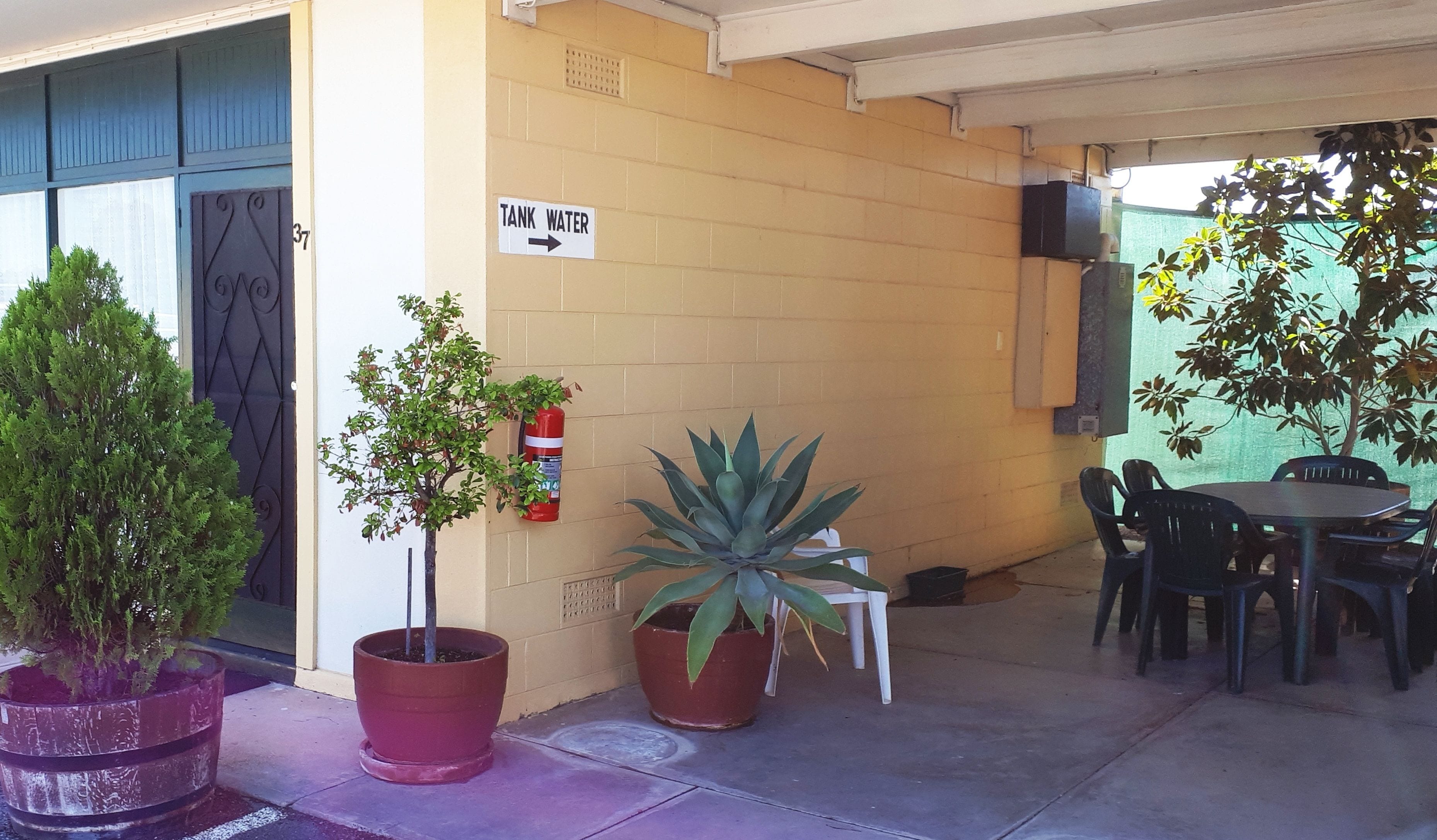 A building exterior with a 'Tank Water' sign, potted plants, outdoor seating, and a fire extinguisher.