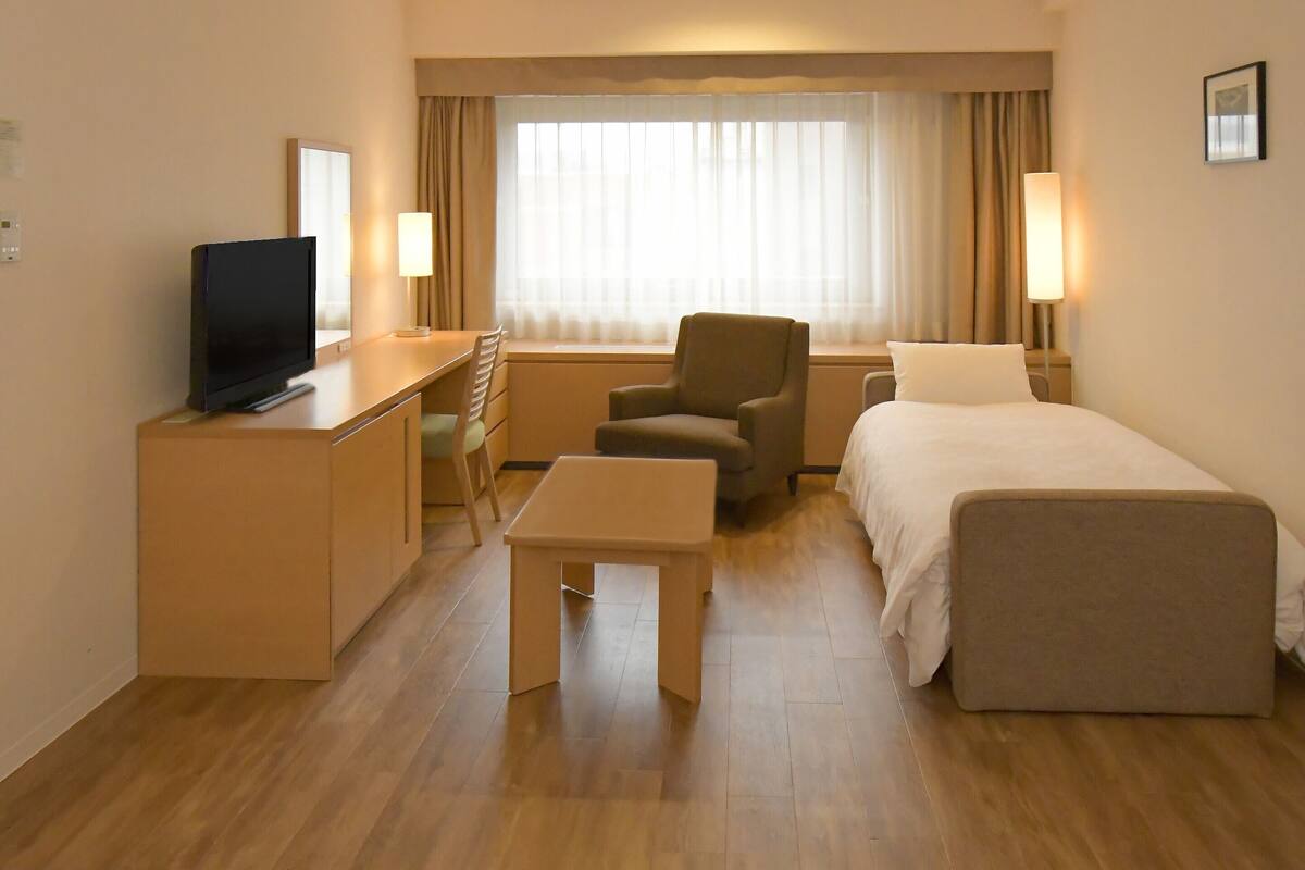 A hotel room with a bed, a desk, a chair, a television, and a window with curtains.