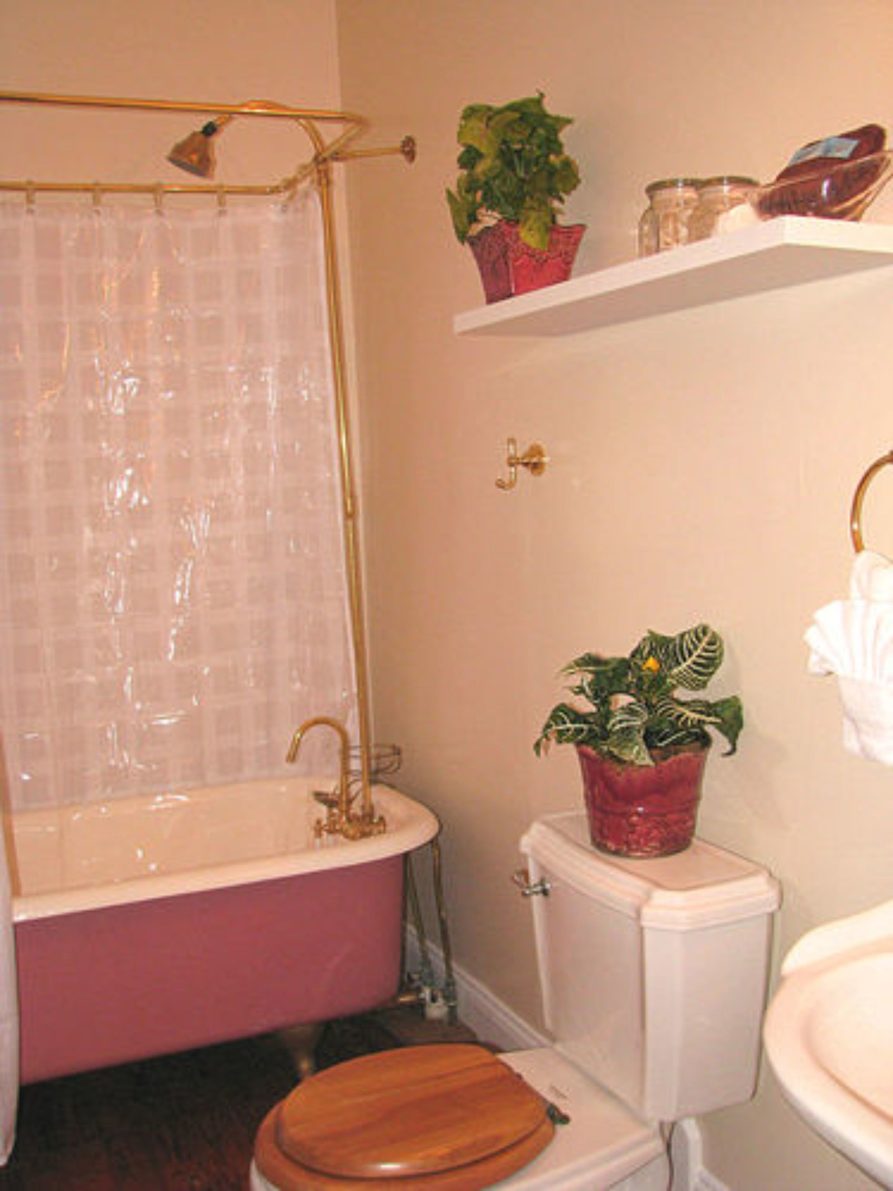 A bathroom with a bathtub, toilet, and a wooden toilet seat. There are two potted plants on the wall.