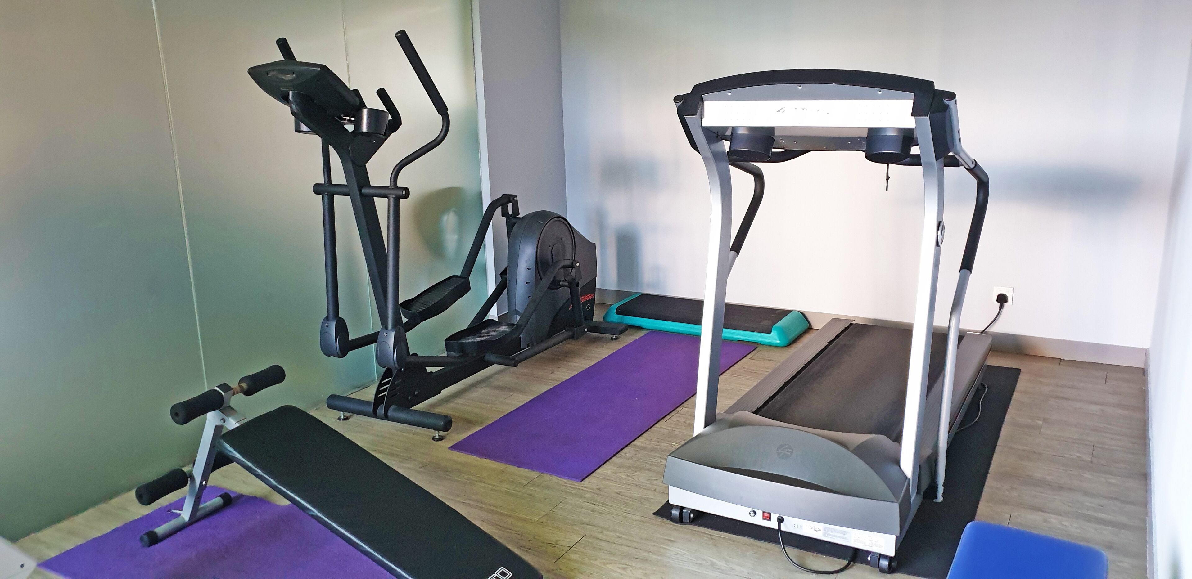 Un gimnasio con máquinas de cardio, una banca y colchonetas de ejercicio.
