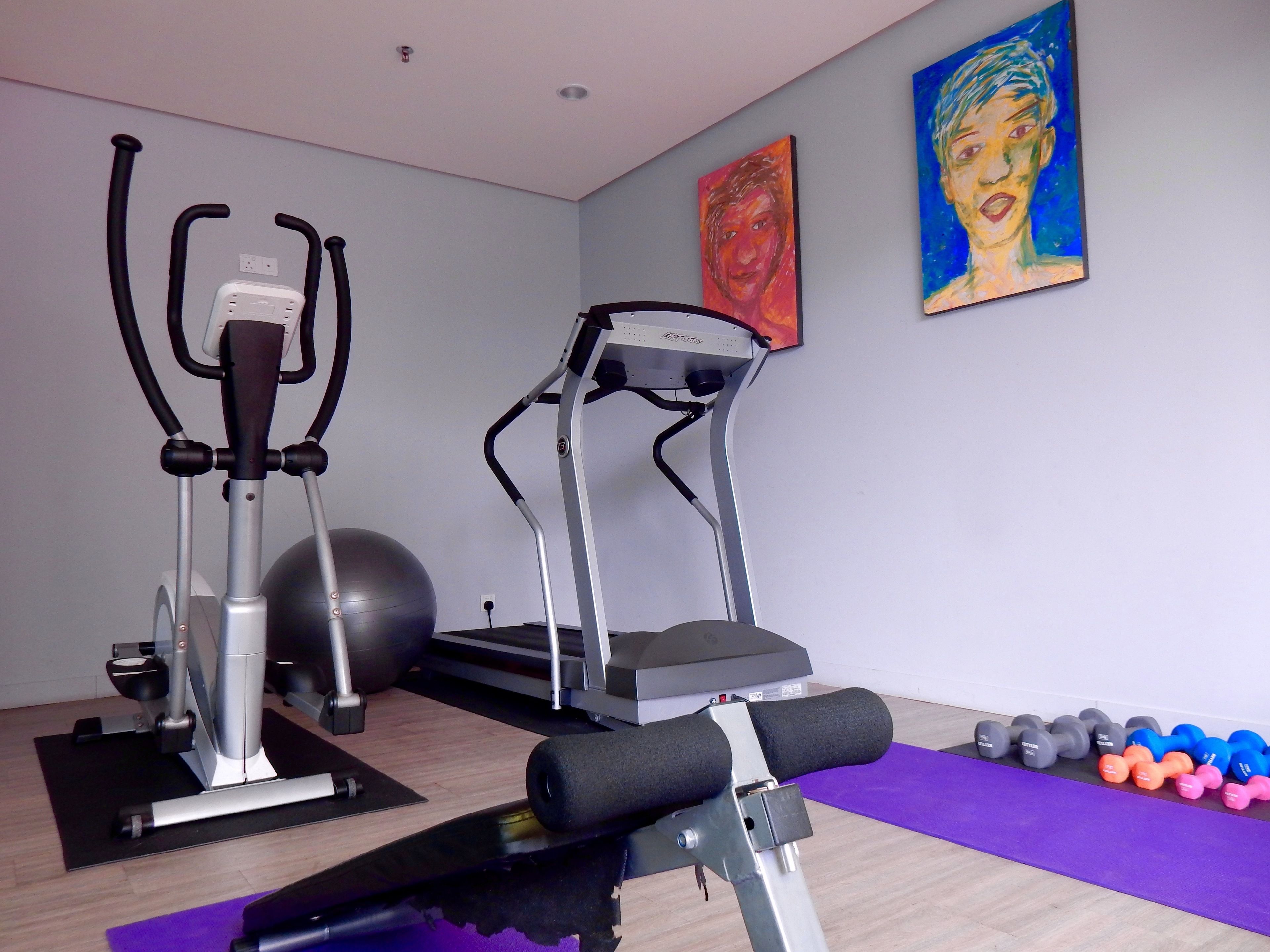 Un gimnasio en casa con una bicicleta estática, una elíptica, una cinta de correr y un juego de mancuernas.