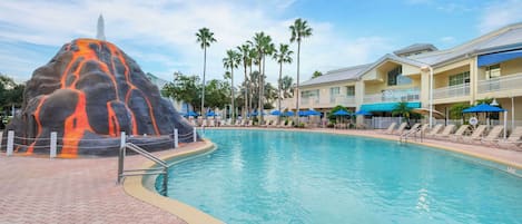 Outdoor pool, pool umbrellas, pool loungers