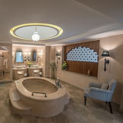 Separate tub and shower, deep soaking tub, rainfall showerhead