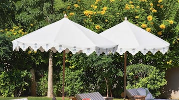 Outdoor pool, pool umbrellas, pool loungers