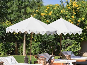 Outdoor pool, pool umbrellas, pool loungers