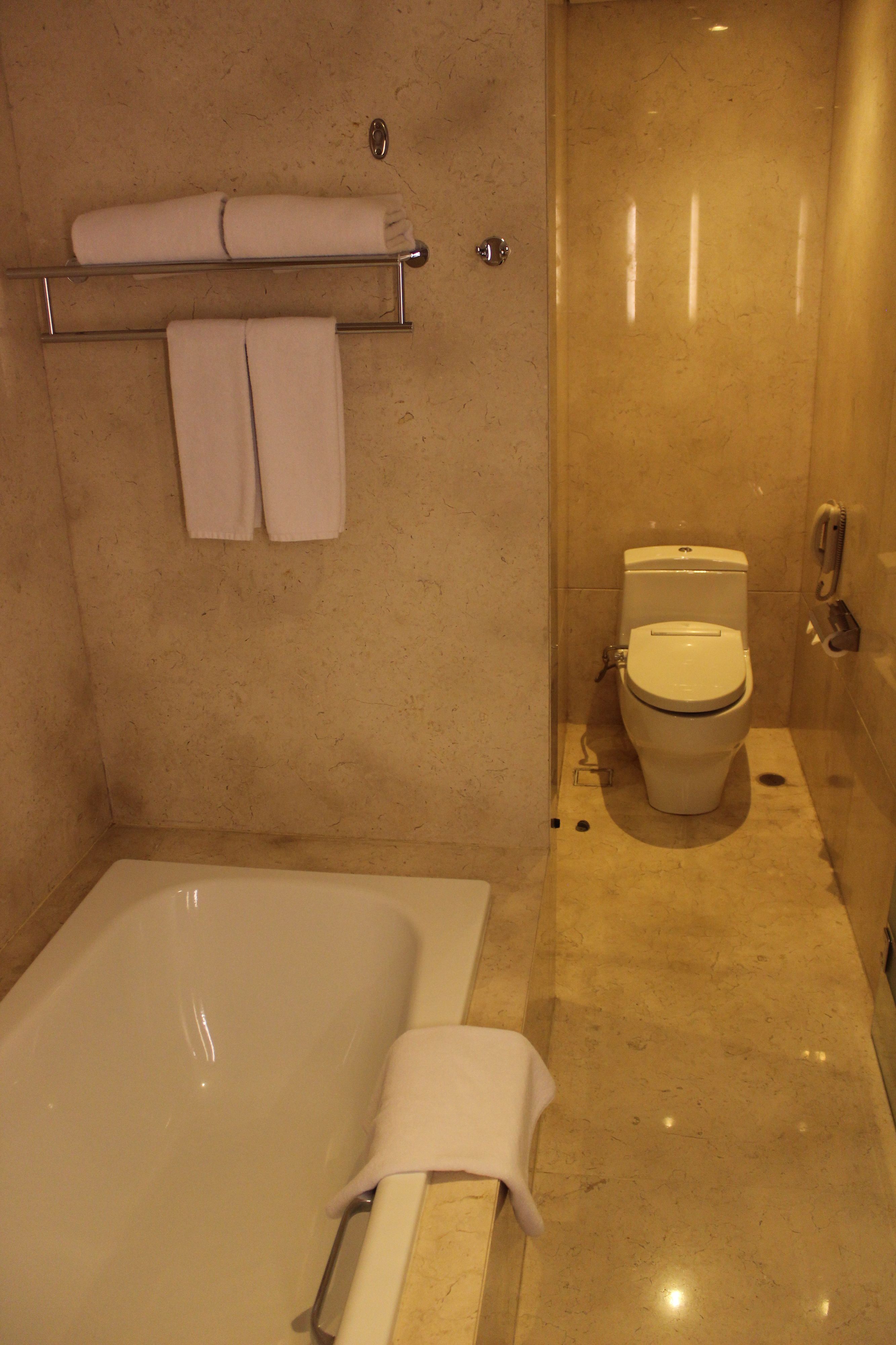 separate bathtub and shower, deep-soaking bathtub, rainfall showerhead