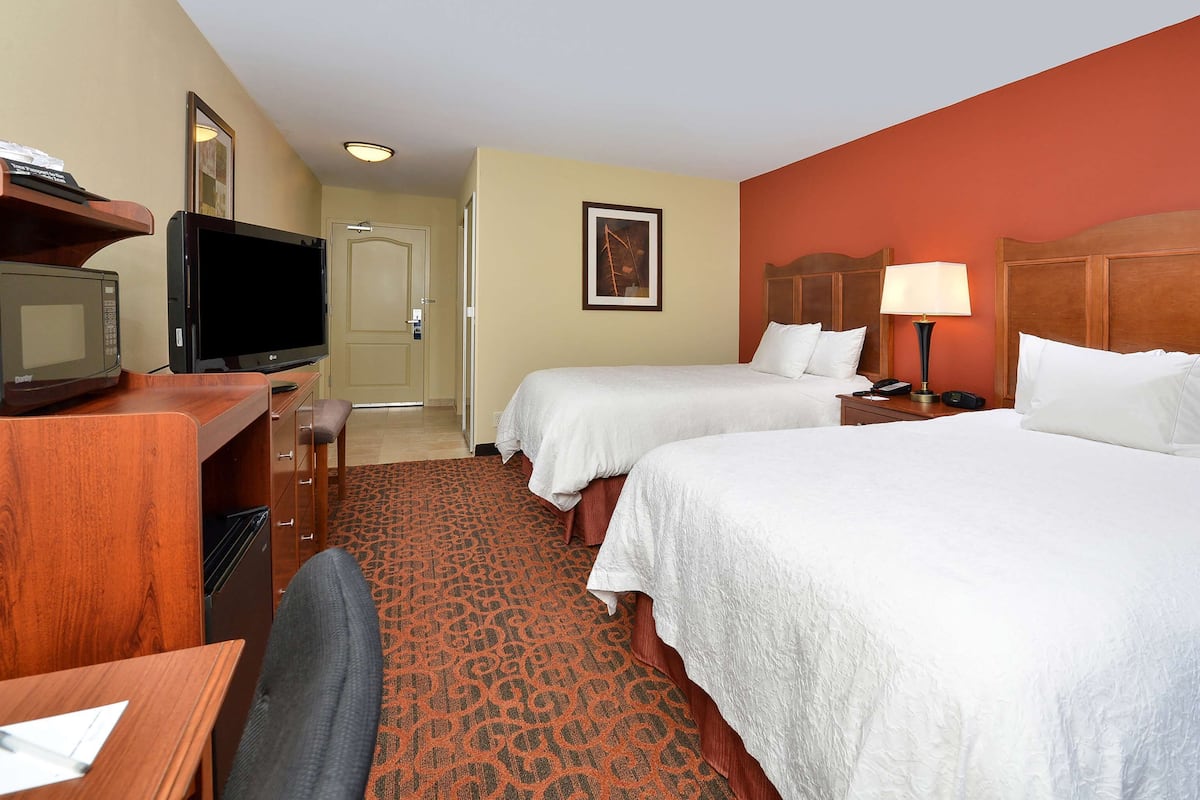 A hotel room with two beds, a desk with a television, a lamp, and a patterned carpet.