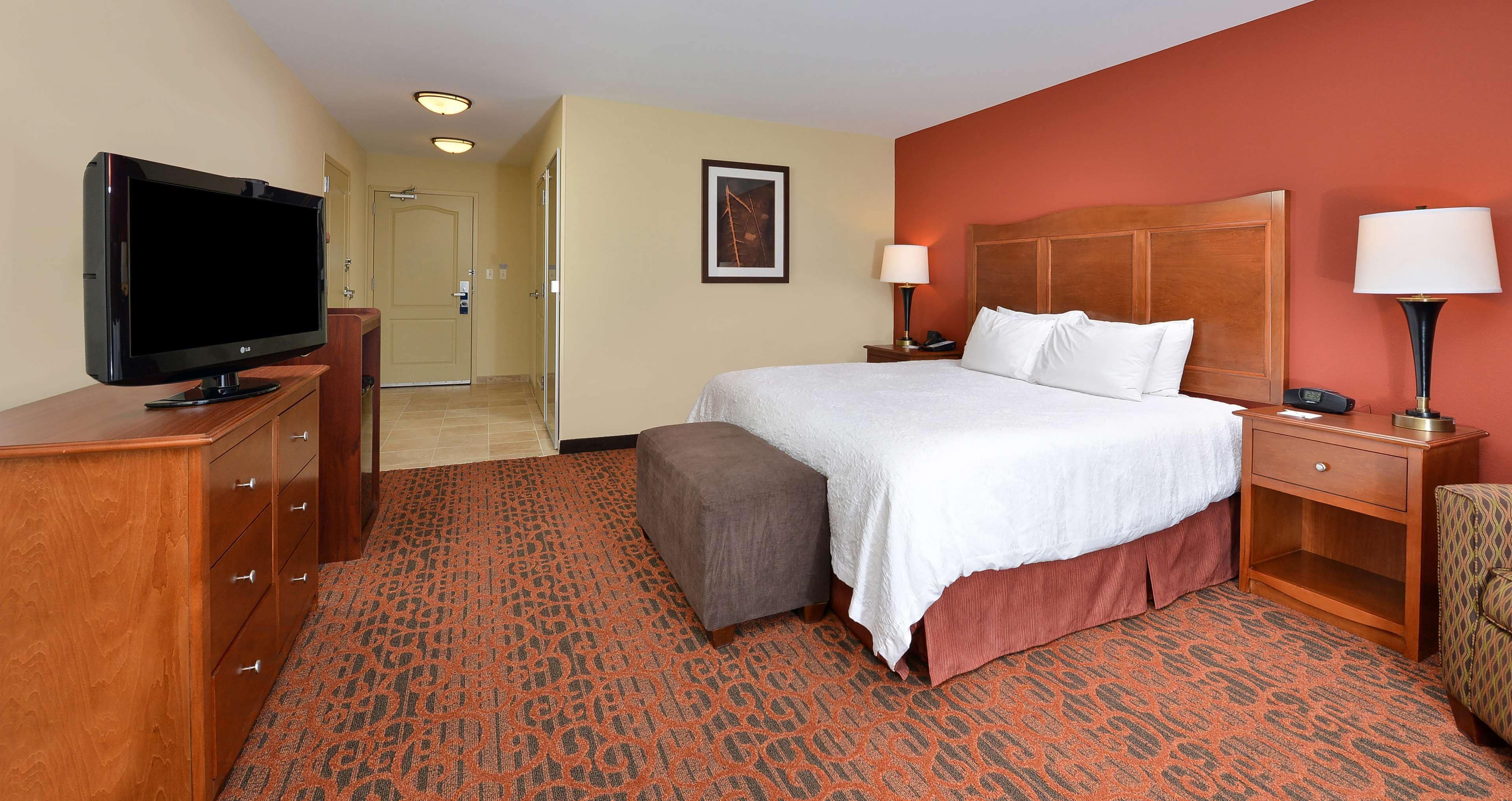 A hotel room with a bed, a TV, a desk, a chair, and a carpeted floor.