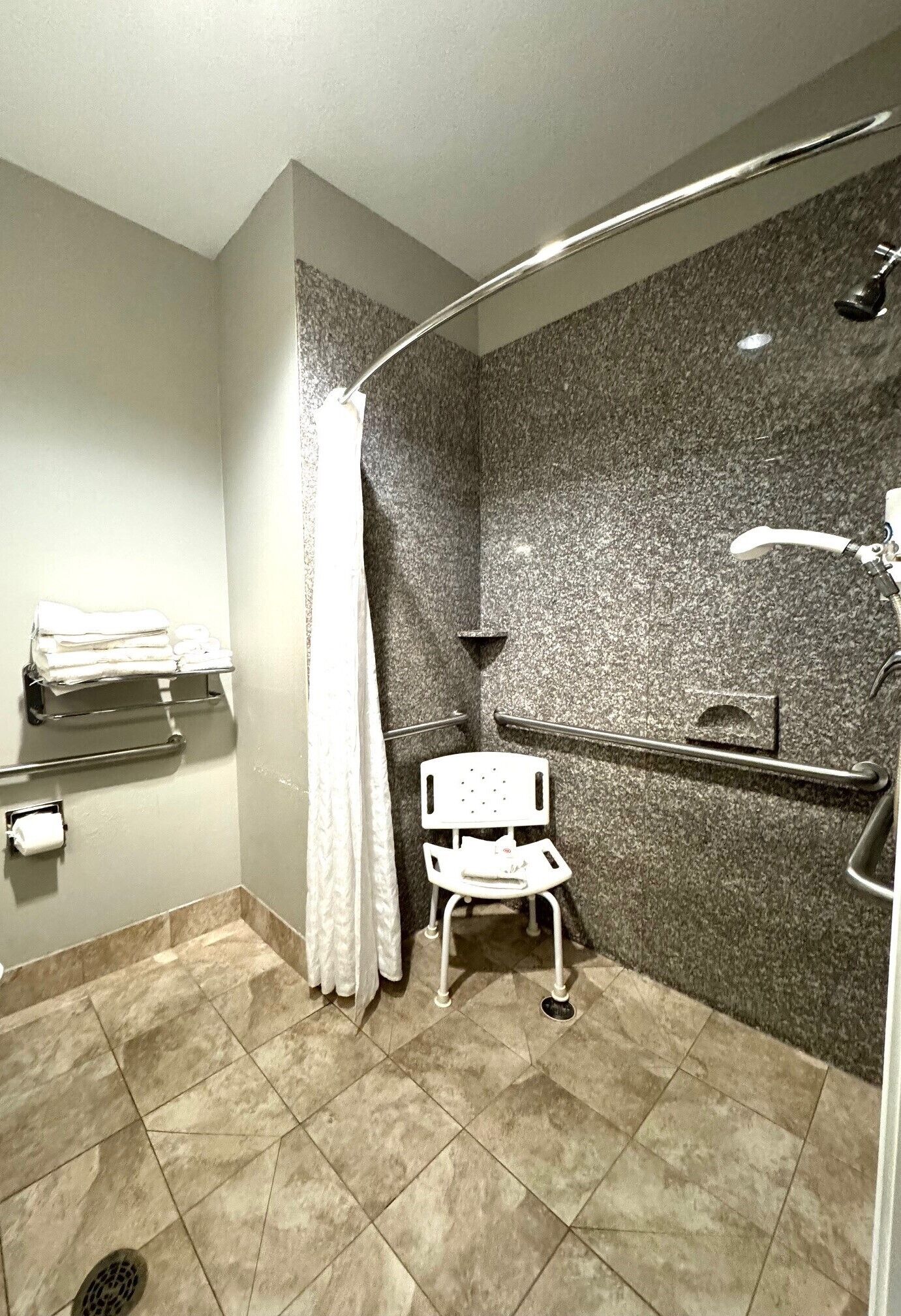 A bathroom with a shower, a toilet, and a grab bar.